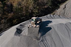 Hawley Quarry: A Caterpillar 980M feeds the stockpile with more product.