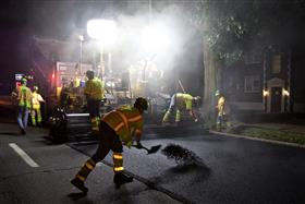 Haines & Kibblehouse, Inc.: A paving crew works on Roosevelt Boulevard during the night time hours.