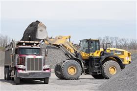 Plumstead Quarry: A Komatsu WA500 loads a customer truck with product at the stockpile.