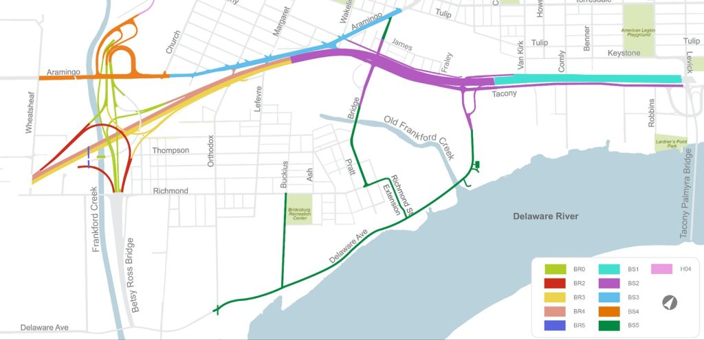 Map of the I-95 Bridge Street and Betsy Ross Bridge interchange project area