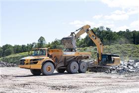 Bedrock Quarry: A Caterpillar 349F loads a Volvo A40G with material.