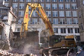 Haines & Kibblehouse, Inc.: A Caterpillar 345C works on demolition at Jeweler's Row in Philadelphia, PA.