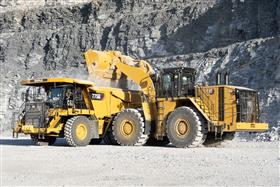 Easton Quarry: A Caterpillar 990K loads a Caterpillar 775G at Easton Quarry.