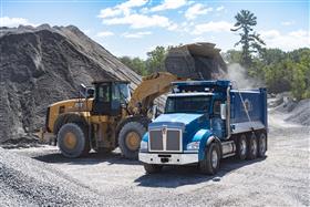 Hawley Quarry: A Caterpillar 980M loads a dump truck with product. 