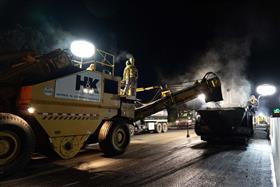 Haines & Kibblehouse, Inc.: A shuttle buggy feeds a paver with asphalt on I-295.