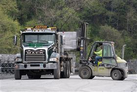 Easton Block & Supply: A Easton Block & Supply Mack Granite is loaded with block for a delivery.