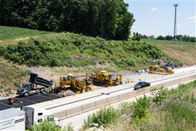 Haines & Kibblehouse, Inc.: The Gomaco paving spread works on the westbound lanes of I-78 in Lehigh County, PA. 