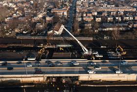 Haines & Kibblehouse, Inc.: A crane begins removing old bridge beams on I-95 in Philadelphia, PA. 