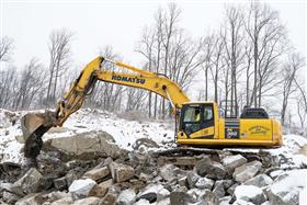 Douglassville Quarry: A Komatsu PC360 sorts rock at the quarry.