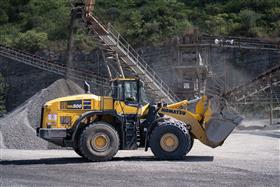 Naceville Quarry: A Komatsu WA-500 moves material to stockpiles around the crushing plant.