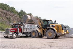 Locust Ridge Quarry & Asphalt: A Caterpillar 982M loads a dump truck with aggregate.