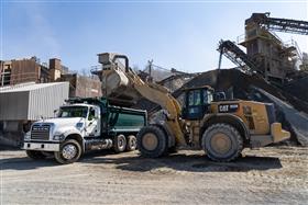 Silver Hill Quarry: A Mack Granite is loaded with aggregate by a Caterpillar 982M.