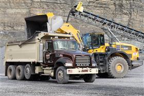 Naceville Quarry: A dump truck is loaded with aggregate at the crushing plant.