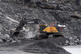 Wilkes-Barre Materials: A Volvo EC750E removing shot rock in the pit. 